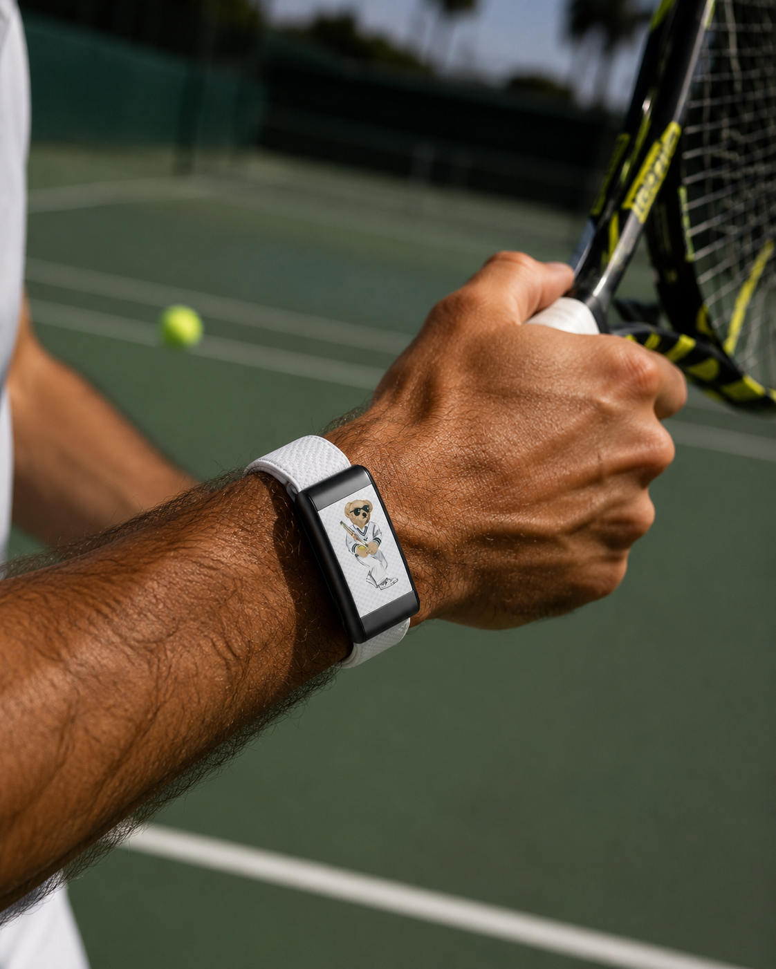 Bracelet WhoopXco Tennis Bear porté au poignet
